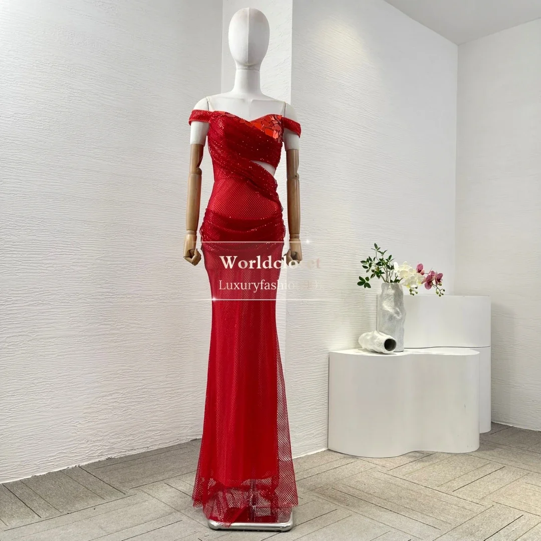 

2025 New Beautiful Red Sleeveless Mesh Off The Shoulder Backless Miaxi Dress