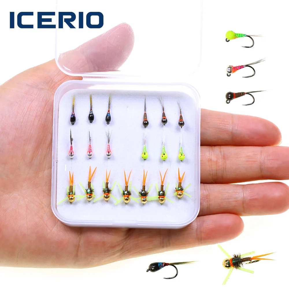 

ICERIO 19 шт./коробка # 16 # 18 металлических быстротонущих мушек-нимф Euro Nymph для ловли форели, приманки для рыбалки