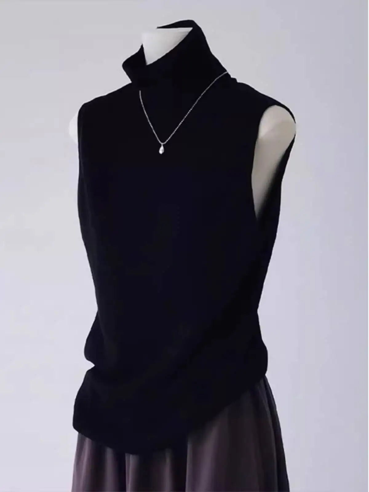 

Женский вязаный топ-майка 2026 Весна, кашемировый трикотажный топ без рукавов, черный, с высоким воротом, мягкий жилет без рукавов