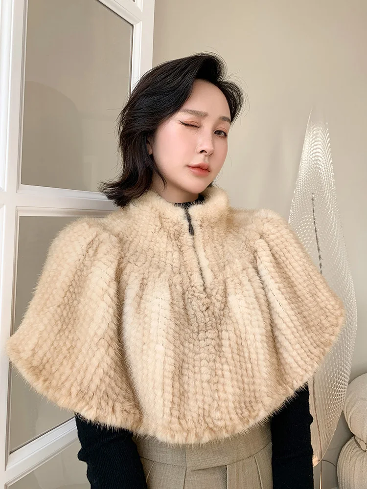 2022 Winter Ladies' Genuine Knitted Mink Fur Shawls Women Fur Pashmina Wraps Bridal Cape Coat Jacket