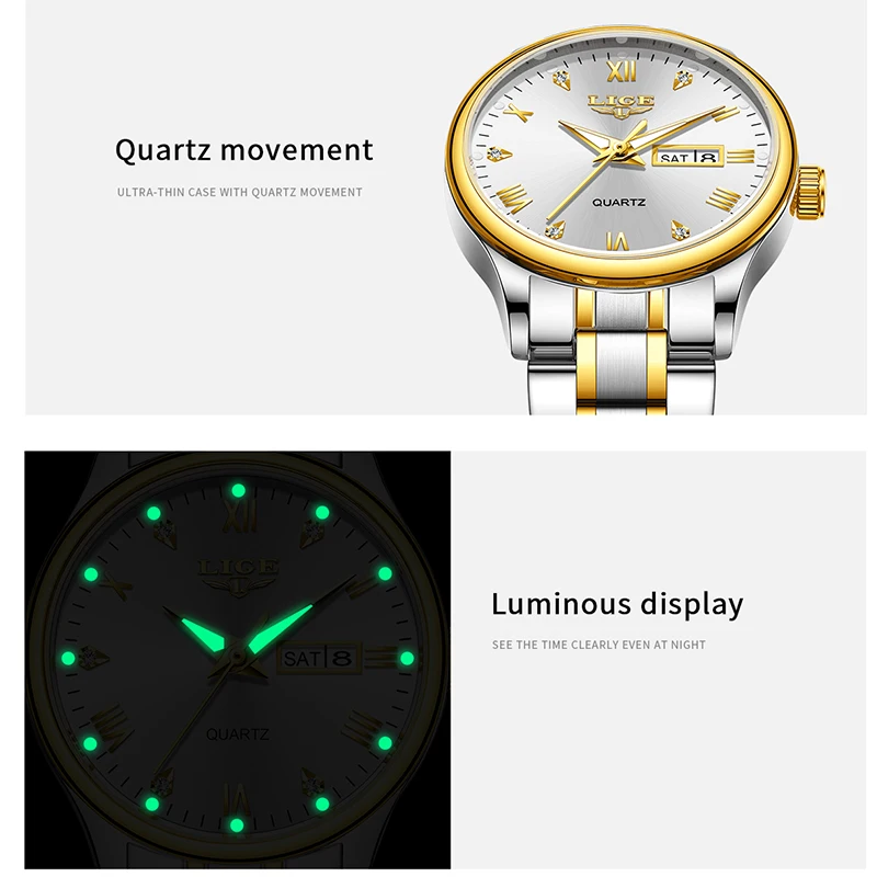 LIGE 새로운 여성 드레스 시계 여성을위한 패션 우아한 주간 날짜 석영 손목 시계 야외 스포츠 방수 빛나는 시계 여성