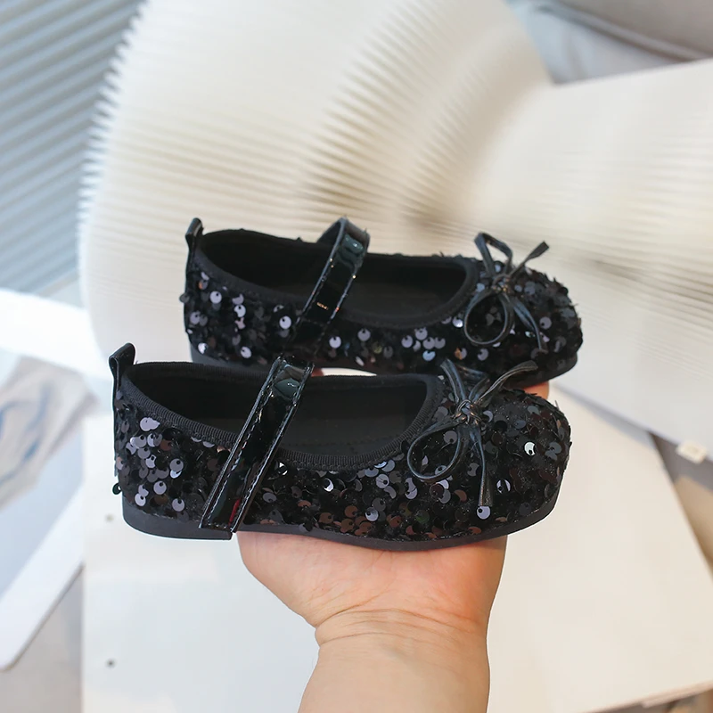 Sequin Bow Non-slip Round Head Silver/black Girls Shoes Autumn Outdoor PU Sweet Princess Shoes Size 26-36 Sandalias De Mujer