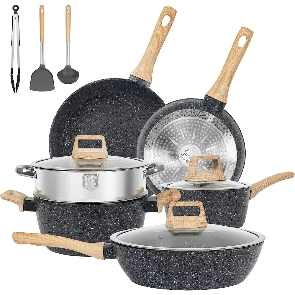 

12pcs Non Stick Kitchen Cookware Sets ,with Saucepans, Steamer Shovel Spoon & Tongs, Induction Cookware Granite Cooking Set