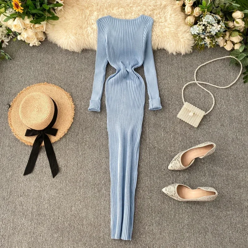 Elegant V Neck Long Sleeve Knit A-line Knitted Dress Slim Fashion Korean Sweater Basics Women Autumn Winter Elastic Clothing