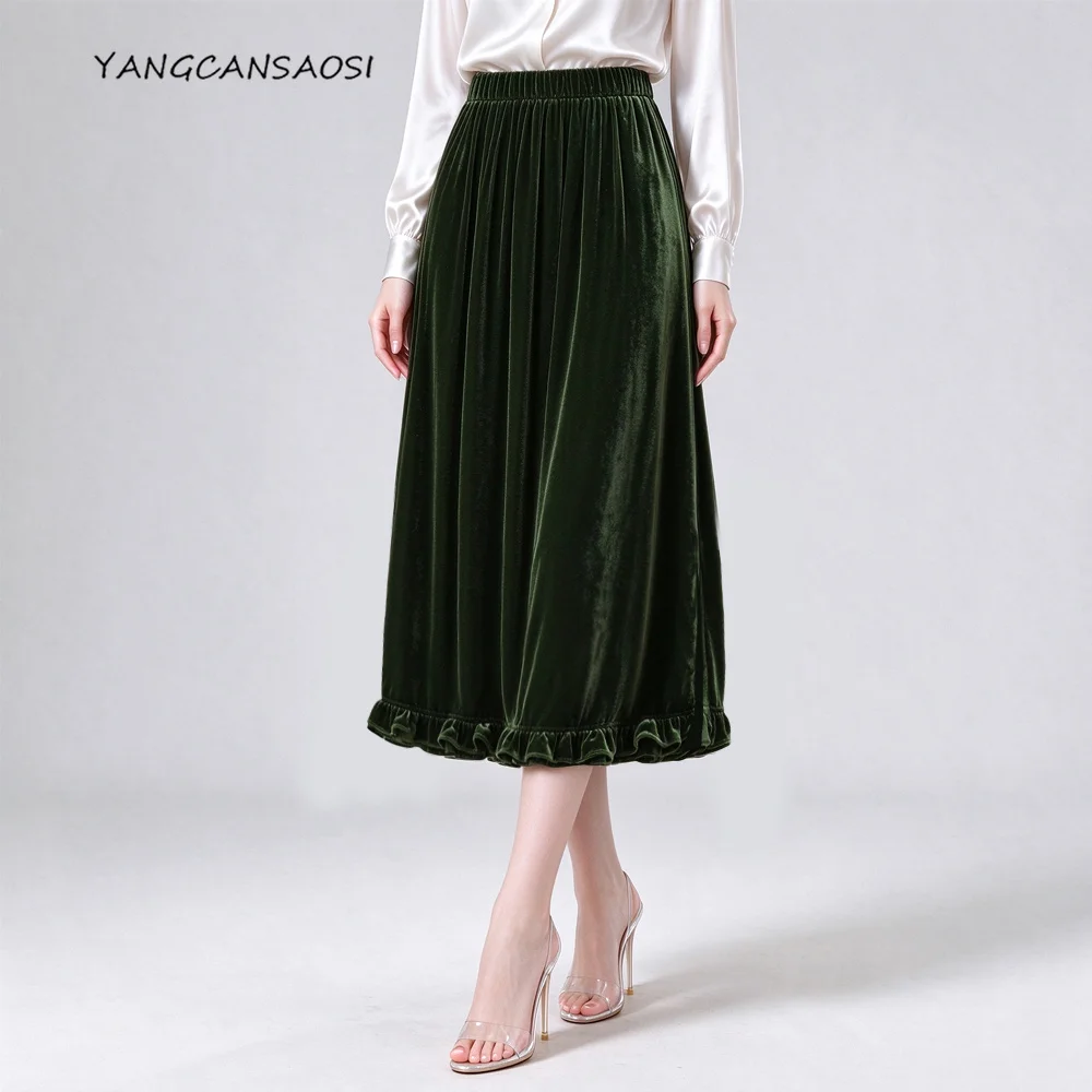 Black Fungus Edge 30% Natural Mulberry Silk Velvet Back Slit Hanging Feeling Elastic Waist A-line Temperament Women's Skirt