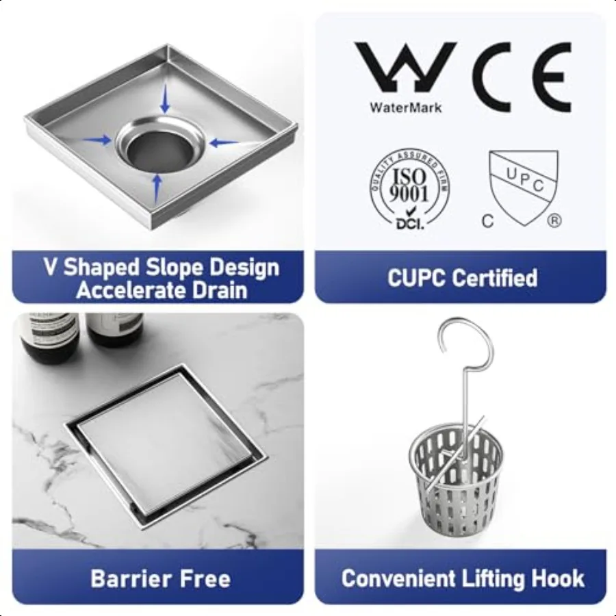 استنزاف دش مربع 6 استنزاف أرضي مصقول مع مصفاة شعر مبلطة 304 حمام من الفولاذ المقاوم للصدأ 2in1 مبلطة في استنزاف C