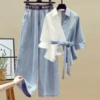2025 Summer New Stitched Chiffon Shirt Female Set Elegant Women's Jeans Casual Blouse Two Piece Set Ladies Tracksuits - Image 5