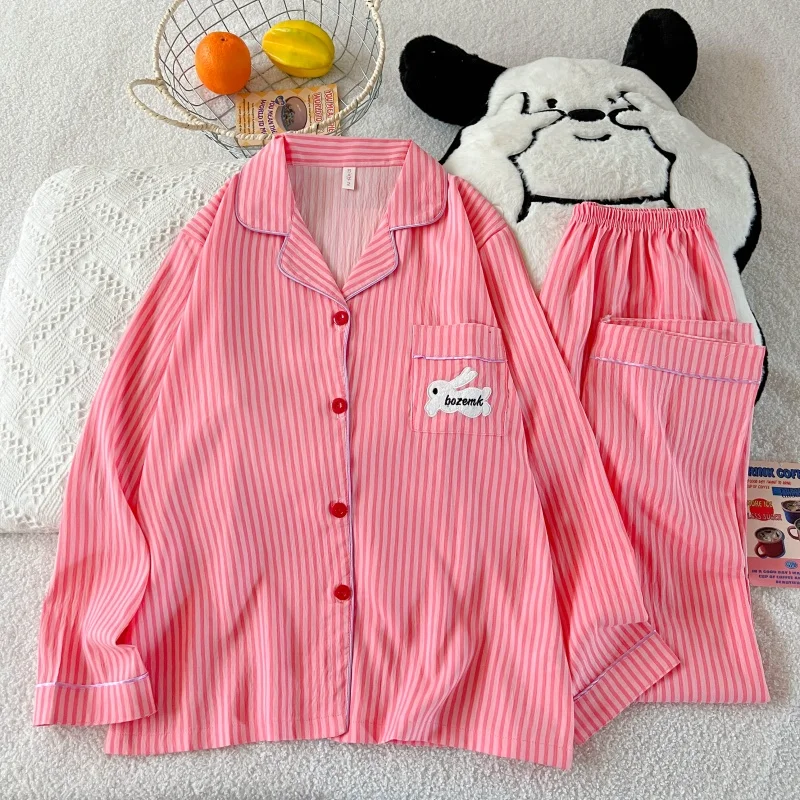 Embroidery Letter Pajamas Set Striped Rabbit Print Autumn Long Sleepwear Home Suit 2026 Lapel Neck New 2 PCS Women's Nightwear