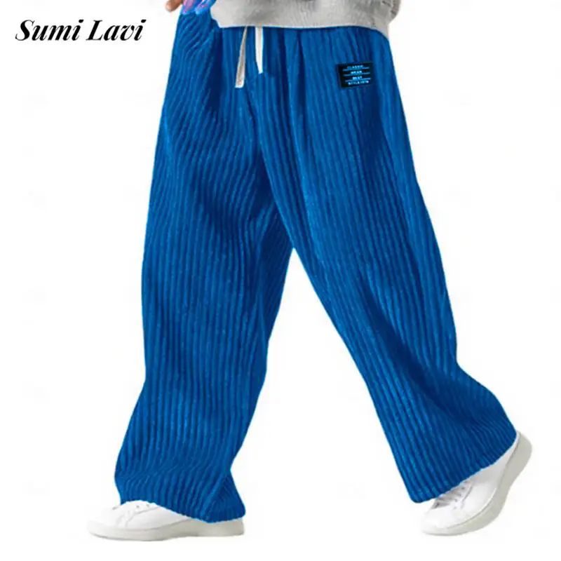 

Винтажные однотонные вельветовые брюки, мужские повседневные свободные прямые брюки на шнурке, осень-зима, мужские модные брюки