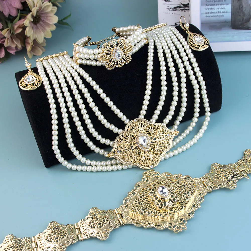 Sunspicems Morocco Belt Beads Necklace Bracelet Earring Bride Wedding Jewelry Sets Gold Color Arabic Kaftan Waist Chain Belt