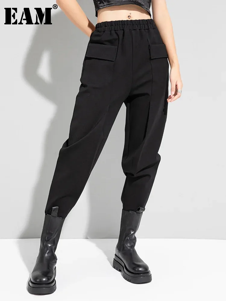 

[EAM] High Elastic Waist Black Pockets Casual Harem Pants New Loose Fit Trousers Women Fashion Tide Spring Autumn 2024 1DF4709