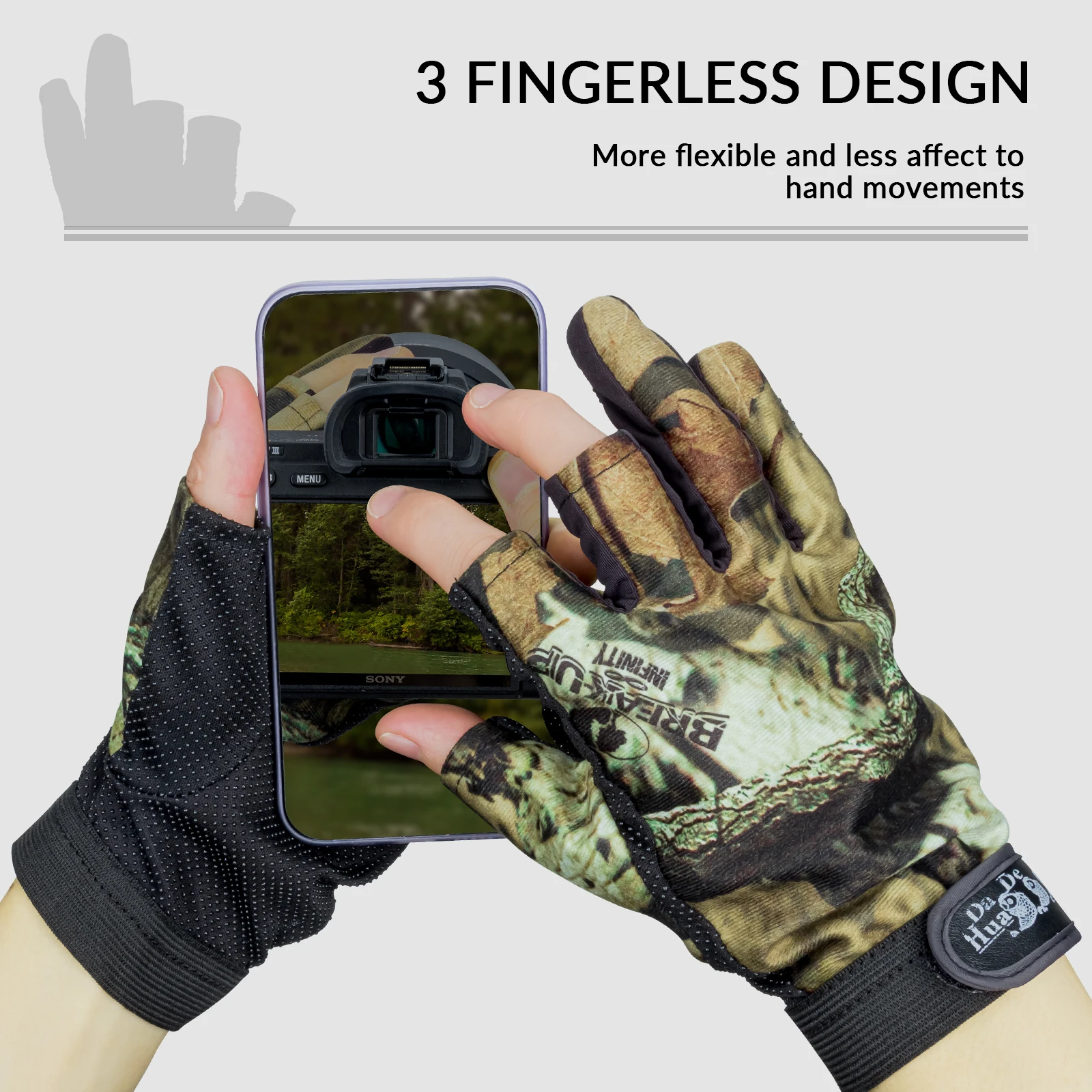 Anti-Rutsch-Angelhandschuhe, atmungsaktiv, 3-Finger-Schnitt, Camo-Handschuh, Angelausrüstung, rutschfeste Angelhandschuhe für Herren