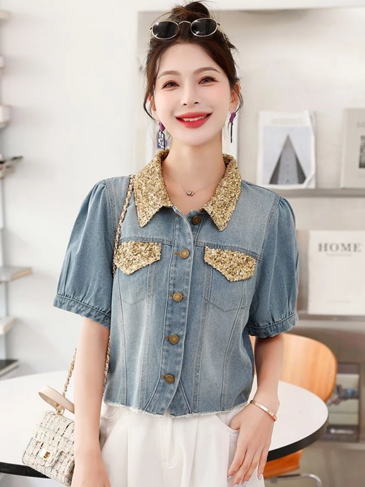Hong Kong Sle ort Sve Denim irt Jaet Women's Summer Thin Retro Design Small Size Fraance Wind Top Button up Coat