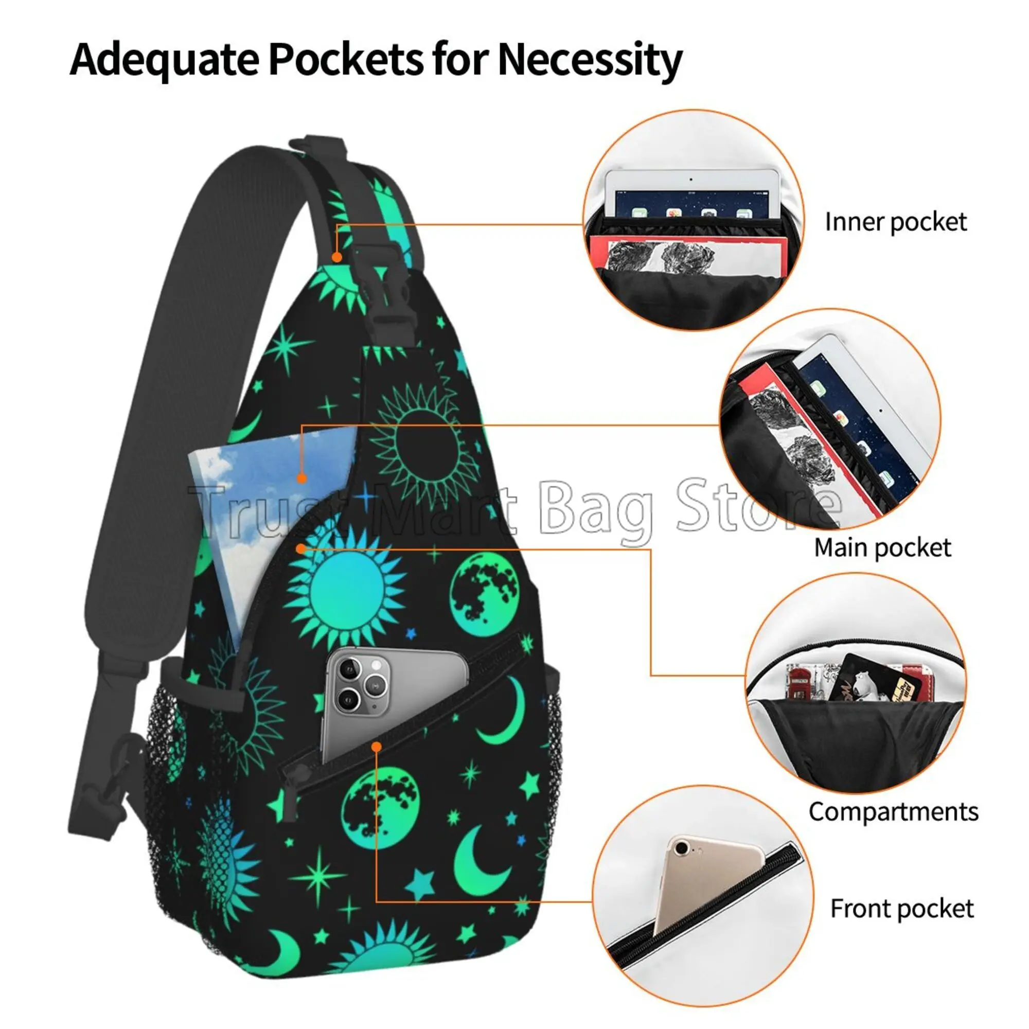 Vintage Neon Green Esoteric Sun Moon Print Sling Backpack Shoulder Chest Bag Crossbody Daypack for Men Women Hiking Travel