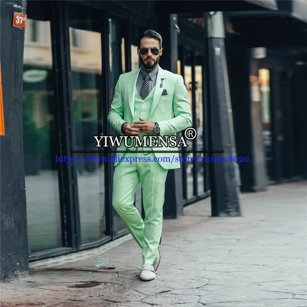 Apple Green Suits Men Slim Fit Business Outdoor Wear 3 Pieces Groomsmen Tuxedo Single Breasted Jacket+Waitcoat+Pants Custom Made