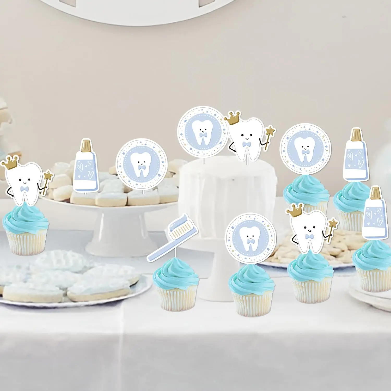 36Pcs Tooth Cupcake Toppers Blue First Tooth Cake Decorations Dental Themed Baby Shower Cupcake Toppers Dentist Decor for Boys