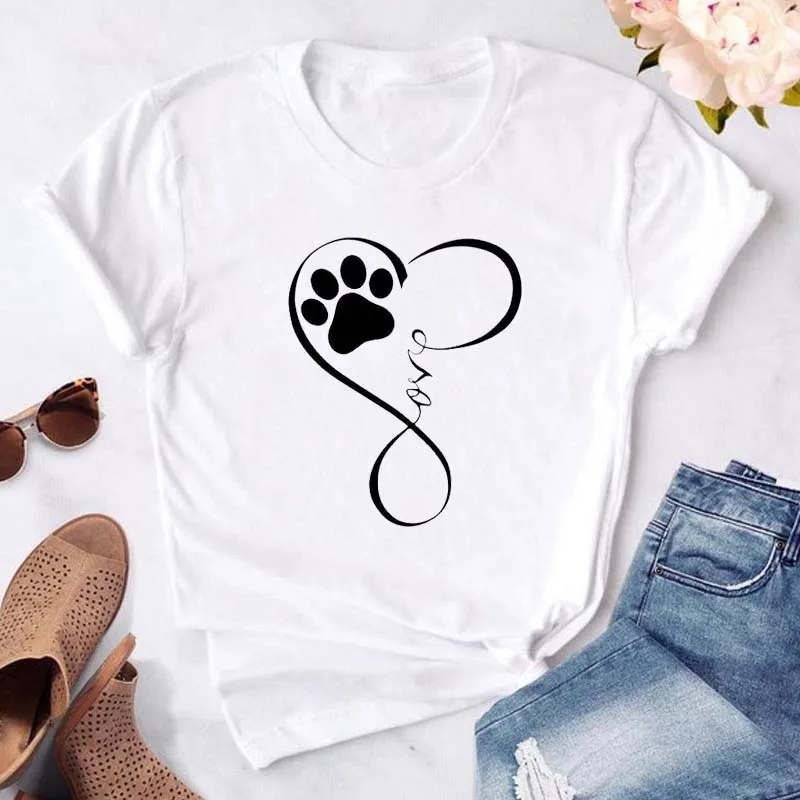 Women Black T shirt Funny Dog Paws Heart Graphic Printed Lady Tshirt Black Tops Clothing Fashion Short Sleeve female Tee shirt