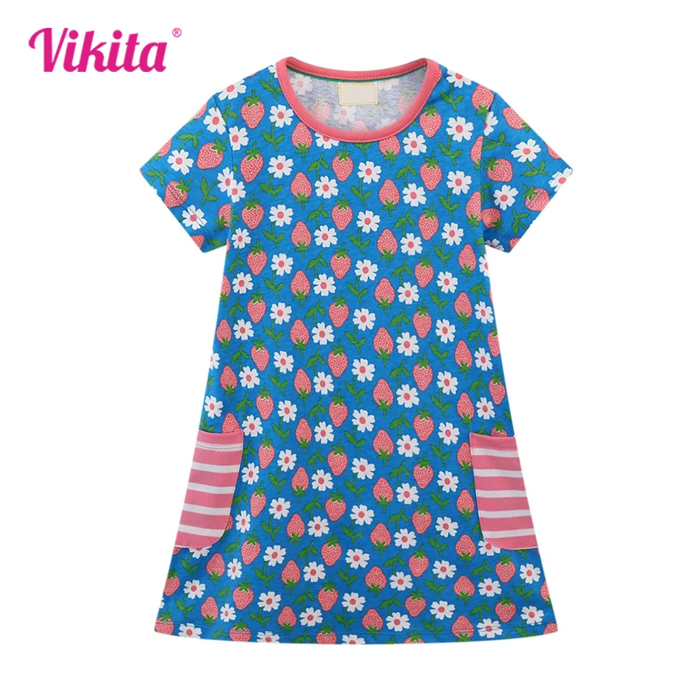 

VIKITA Girls Flower Strawberry Print Straight Dress with Pockets Kids Short Sleeve Summer Cotton Casual Wear Children Clothing