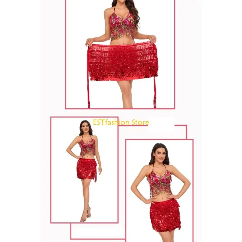 

Y5GC Belly Dance Hip Scarf Halloween Costume Raves Festival Outfit Sequins Wrap Skirt