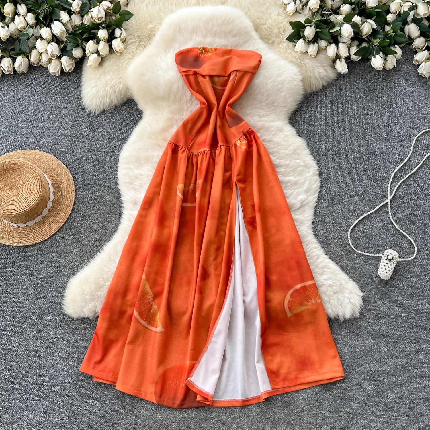 Elegancka sukienka letnia w stylu koreańskim, boho, z rozcięciem, w stylu vintage, z nadrukiem, dopasowana, długa, dla kobiet.