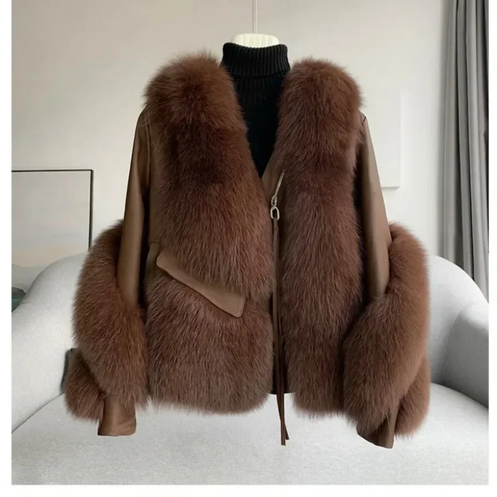 2024Autumn-winter Fur One Coat Female Fox Fur Coat Spliced Sheepskin Motorcycle Coat Thickened Warm Free Shipping  Fox Fur Coat