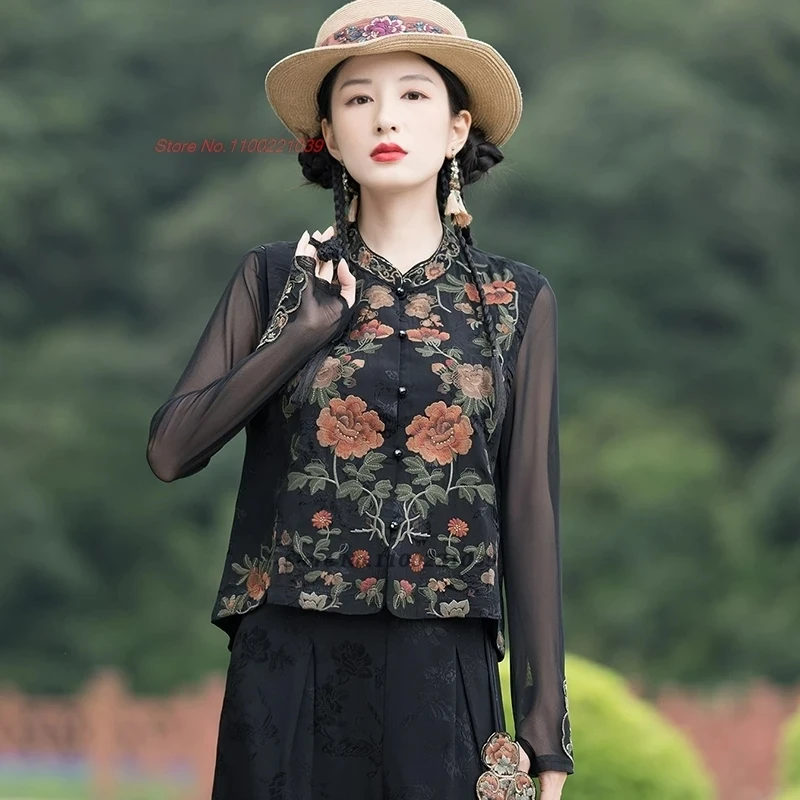 

2025 chinese vintage hanfu tops traditional satin jacquard vest national flower embroidery folk vest oriental sleeveless jacket