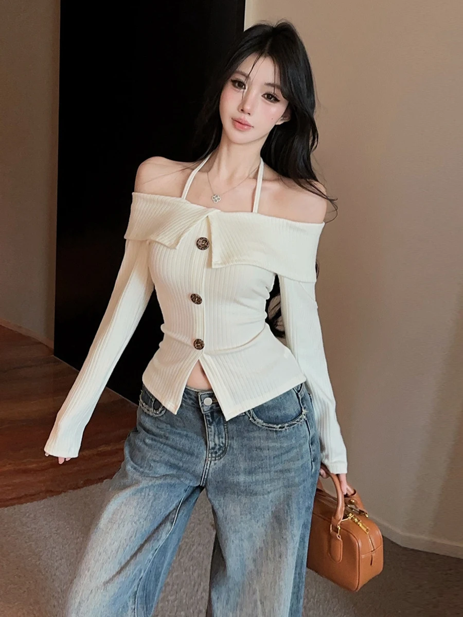 Slim Fit Long Sleeve Knitted Base Shirt Pure Desire Style One Shoulder Flip Neck Bone Exposure Body Shape Highlighting Top
