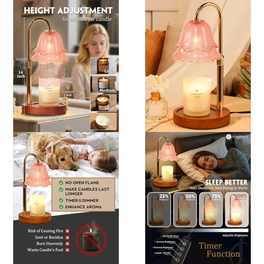 

Candle Warmer Lamp with Timer and Dimmer, Adjustable Height Mothers Day Birthday Gifts for Women Mom, Flower Candle Lamp Warmer