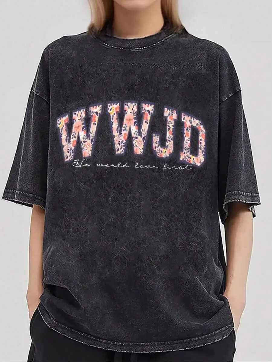 1 PCS Vintage-Inspired WWJD Graphic Tee – Distressed Floral Design with ‘He Would Love First’ Script |   100% Breathable Cotton |   Perfect for Adding Spiritual and Nostalgic Flair to Your Wardrobe