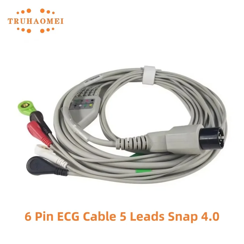 ECG Cable 6 Pin One Piece 5 Leads Snap 4.0 For Mindray PM7000 PM8000 MEC 1000 Edan Biolight Monitors Normal Type AHA Standard