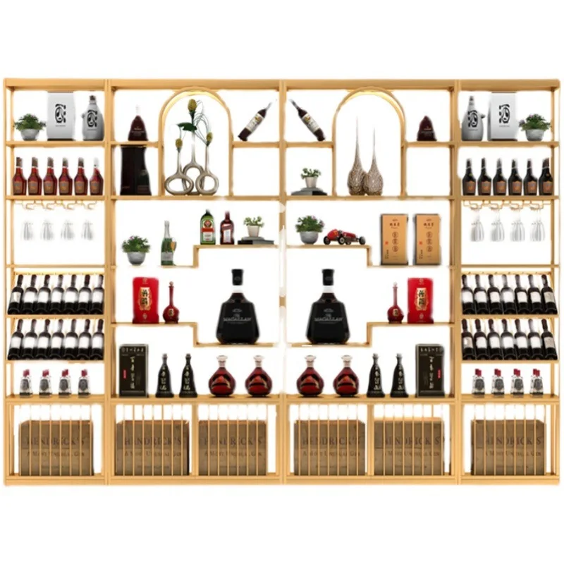 

Floor-to-ceiling red wine cabinet wrought iron gold with lamp display winery wine and foreign wine display rack