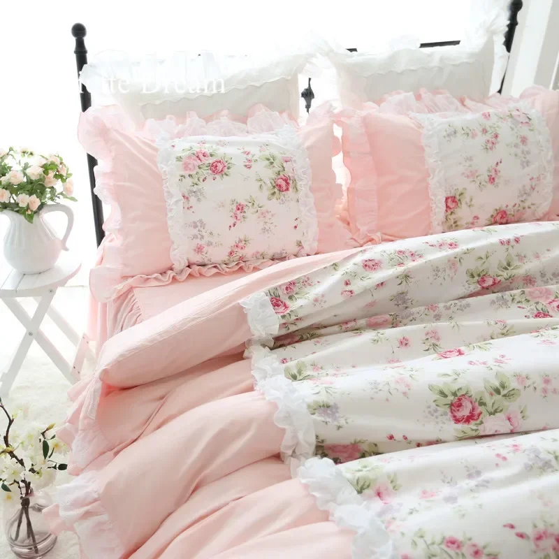 Sweet princess bedding set Heavy wrinkle handmade ruffle lace splice duvet cover pink pastoral king size bedspread HM-22F