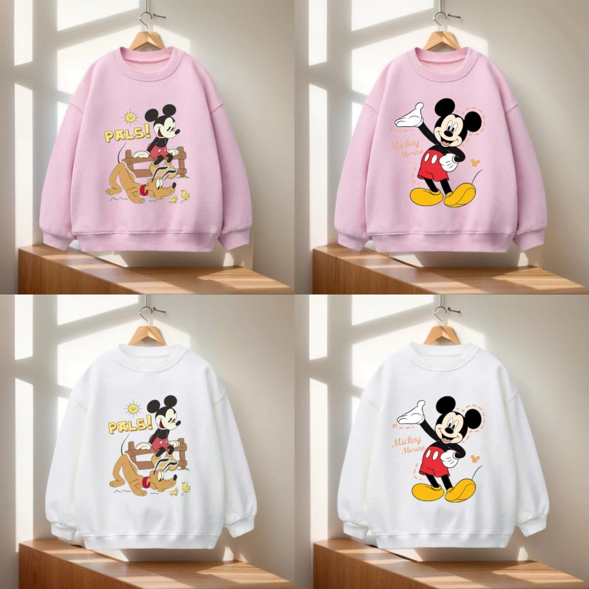 

2025 Pink & White Mickey Mouse Toddler Sweatshirts Cute Pals Print Kids' Sweatshirts Below 6 Years Old Boys And Girls Clothes