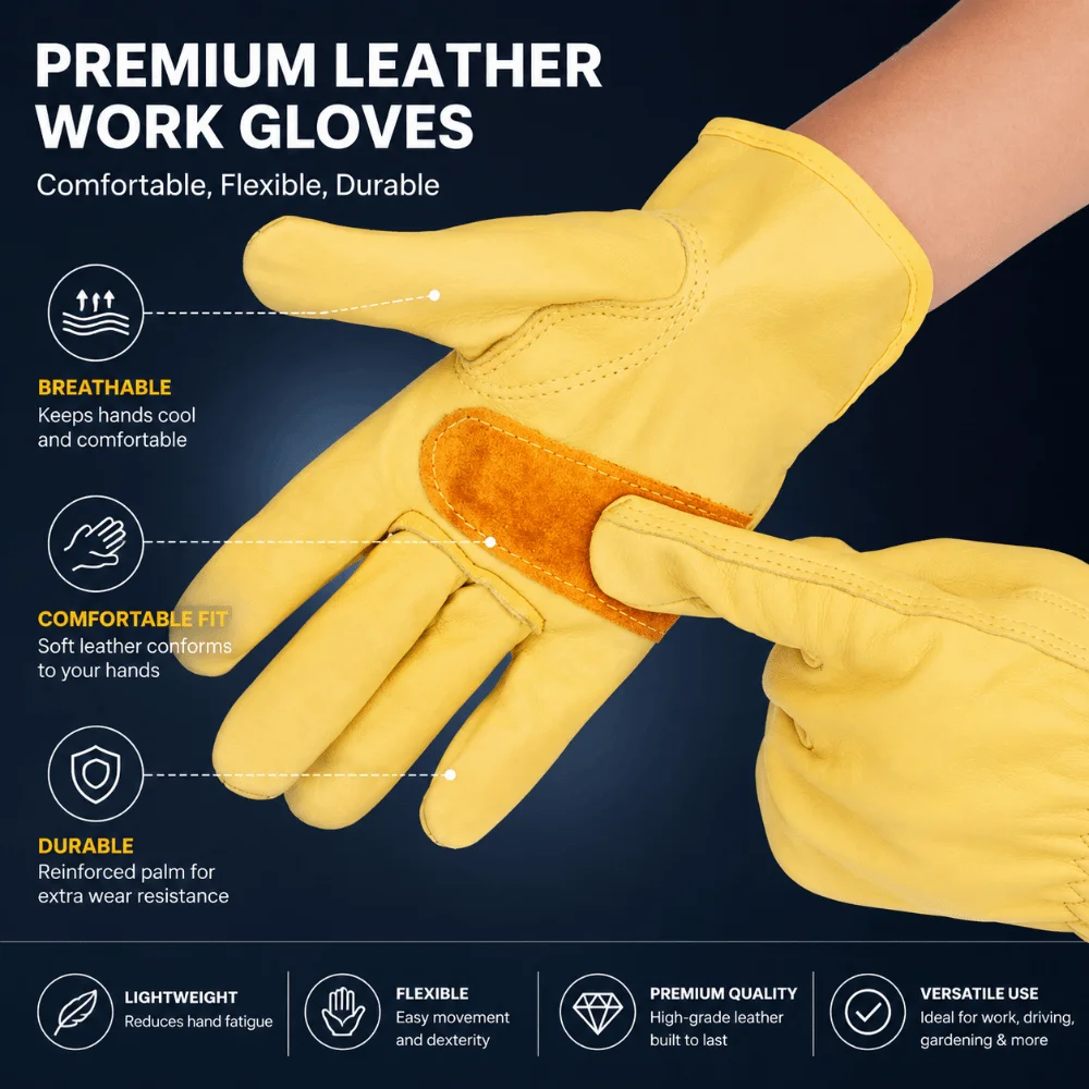 Flex Grip Leather Work Gloves Wear-Resistant Insulated Cowhide Working Glove Soft Stretchable Wrist Welding Protection Gloves