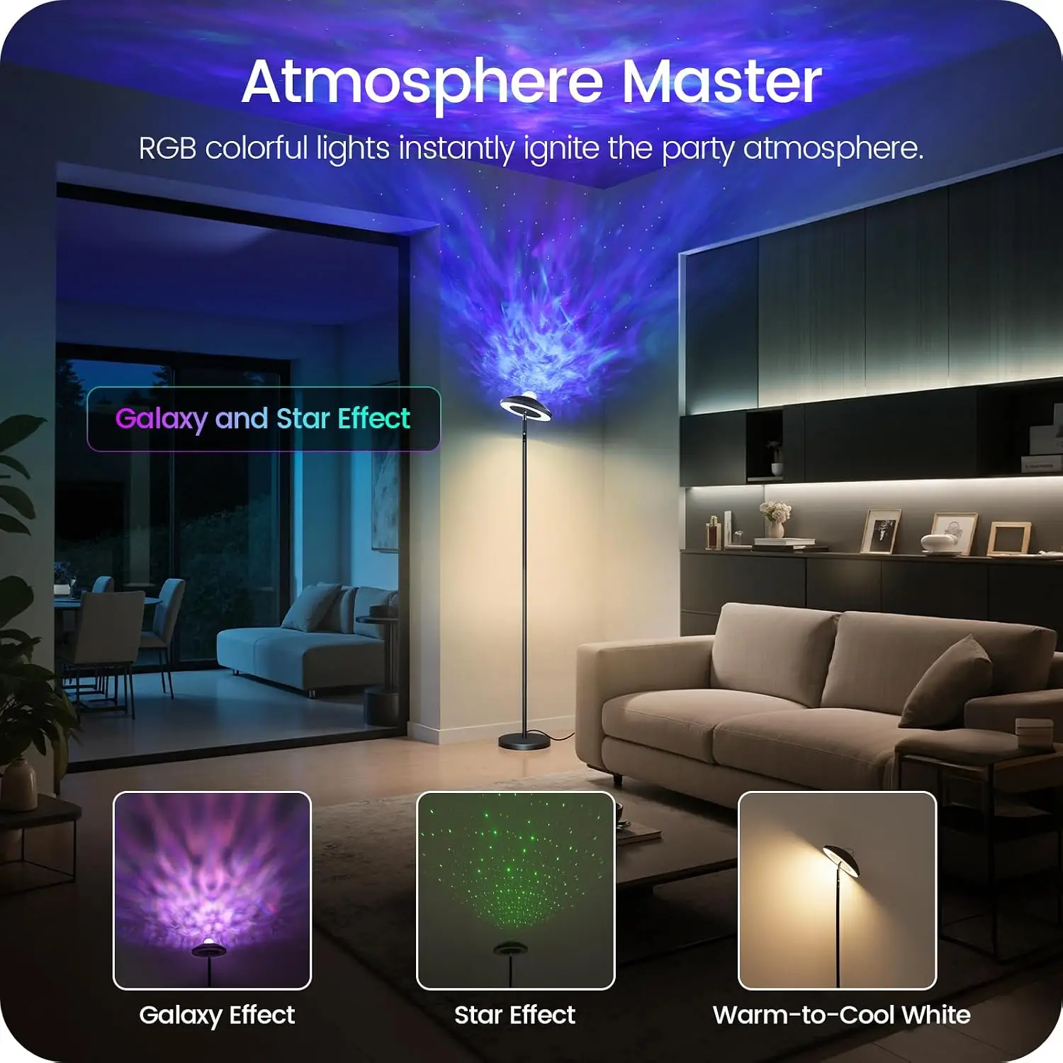 LED Floor Lamp With RGB Galaxy Projector, 18W Double Sided Corner Light Rotatable, Dimmable Standing Lamp With Remote, Black