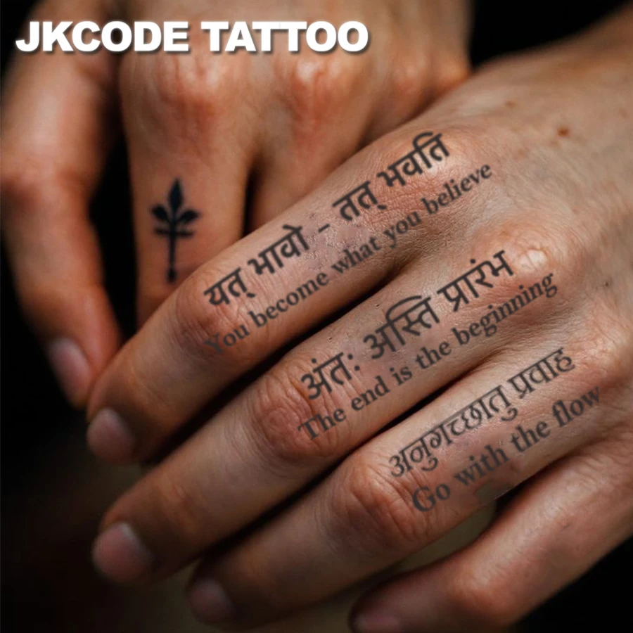 

Sanskrit Power Words Tattoo - Herbal Temporary Tattoo with Sanskrit Mystical Totems - Protection and Guardian - English Sentence Design for Men, Warm Style for Women, Dual-Use for Fingers, Hands, and Neck, Long-Lasting Waterproof Tattoo Sticker for 15 Day