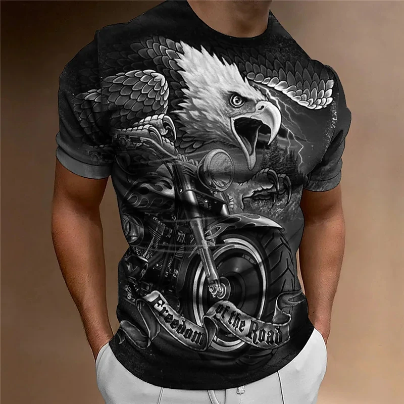 T-Shirt z grafiką z orłem w stylu Vintage dla mężczyzny lato z dekoltem w motocyklowym stylu koszula Oversized Casual krótki rękaw topy męskie bluza