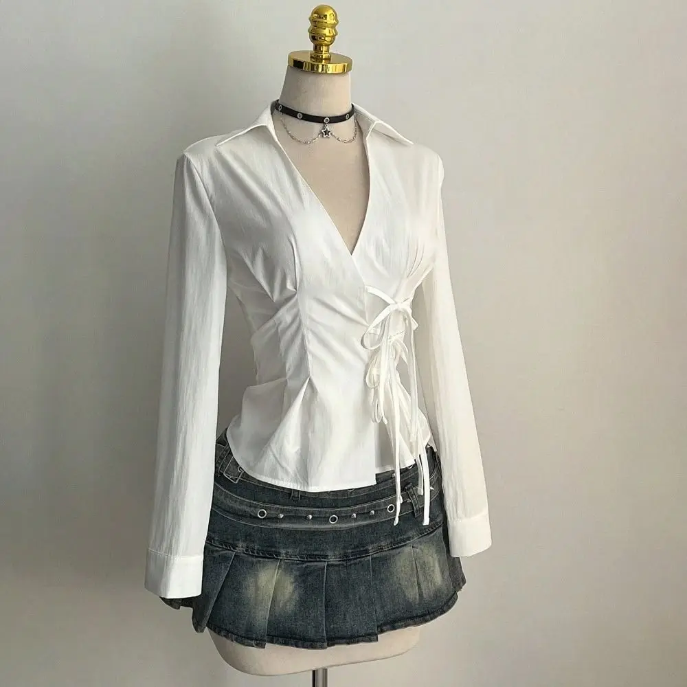 

Стильная женская рубашка с длинным рукавом, приталенного кроя, с V-образным вырезом и завязками на талии, элегантный топ для женщин
