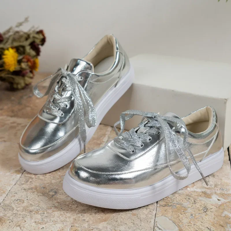 Gold Flat Shoes Women Shallow Silver Lace-up Vulcanize Sneakers 2024 Four Seasons New Lighted Ladies Shoes Female Walking Shoes