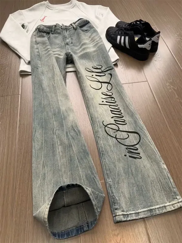 

Retro American Washed Print Lightning Blade Jeans Men's High Street Vibe Slim Straight Leg Bell Bottoms Cotton Blend Denim