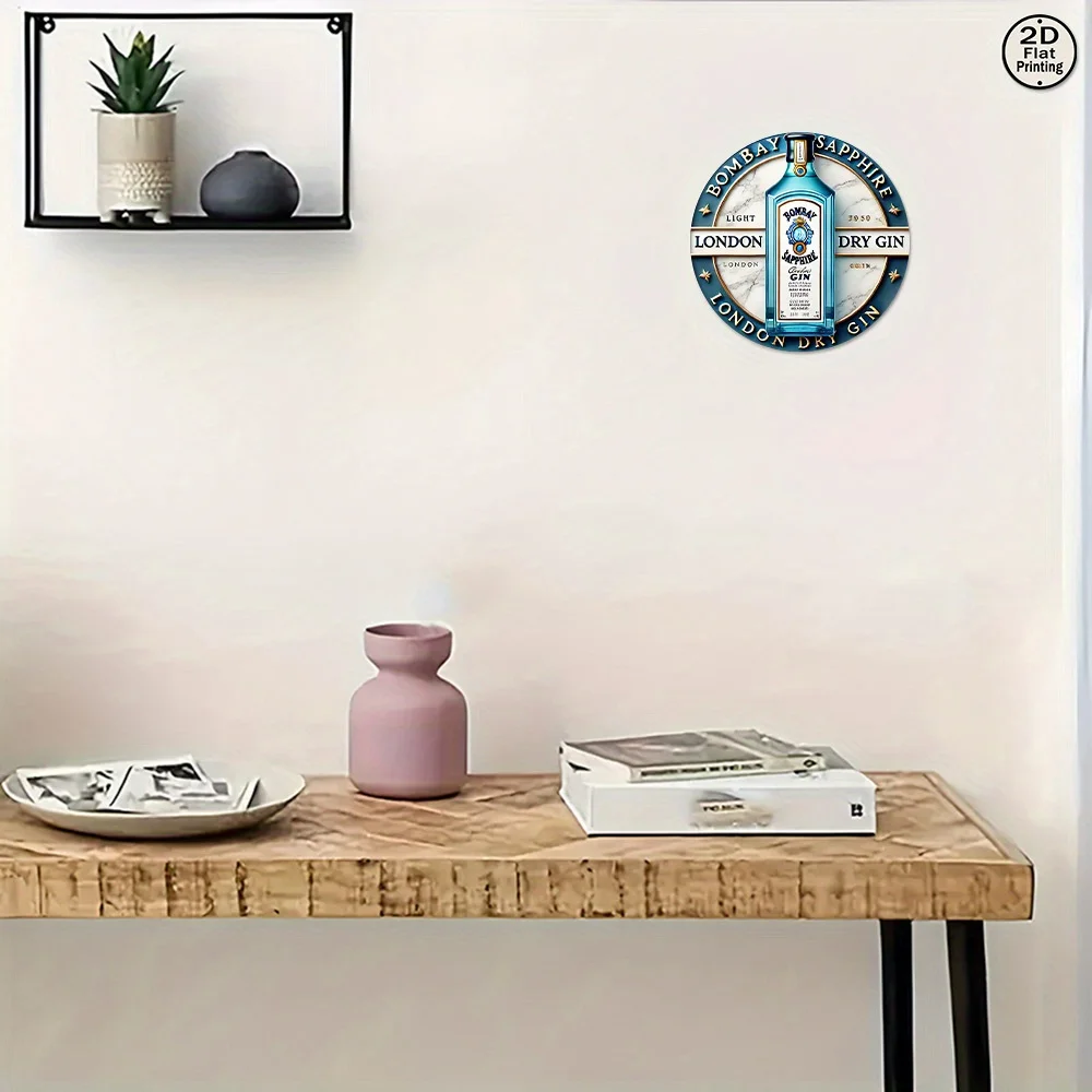 لافتة معدنية مسطحة ثنائية الأبعاد، قطعة واحدة من شعار Bombay Sapphire London Dry Gin - تصميم كلاسيكي منقوش برقائق دائرية مقاس 8 × 8، شعار أزرق مميز #6