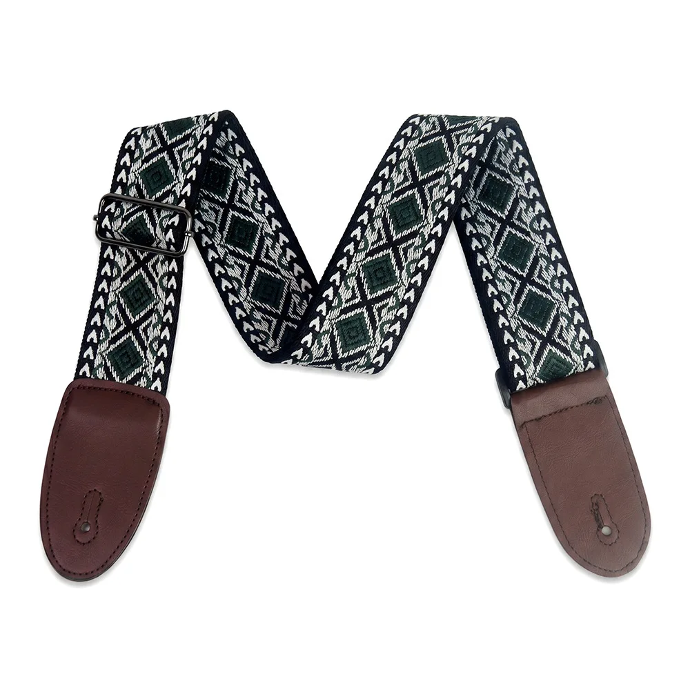 Guitar Strap Diamond Embroidered Thickened Widened Brown Leather Ends Shoulder Sling for Acoustic Electric Folk Bass Guitars - view 2
