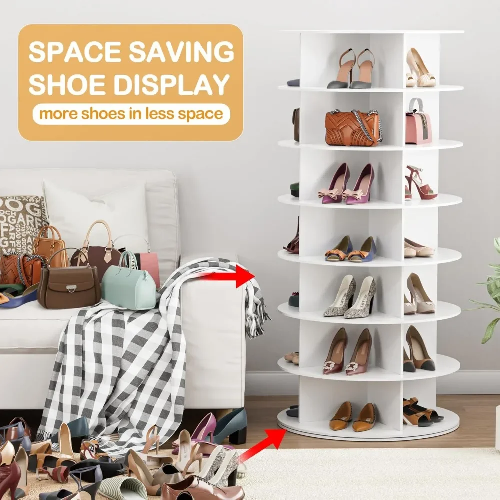 Rotating Shoe Rack Tower 7 Tier Organizer, Vertical Spinning Shoe Display Lazy Susan, Revolving 360 White Shoe Rack