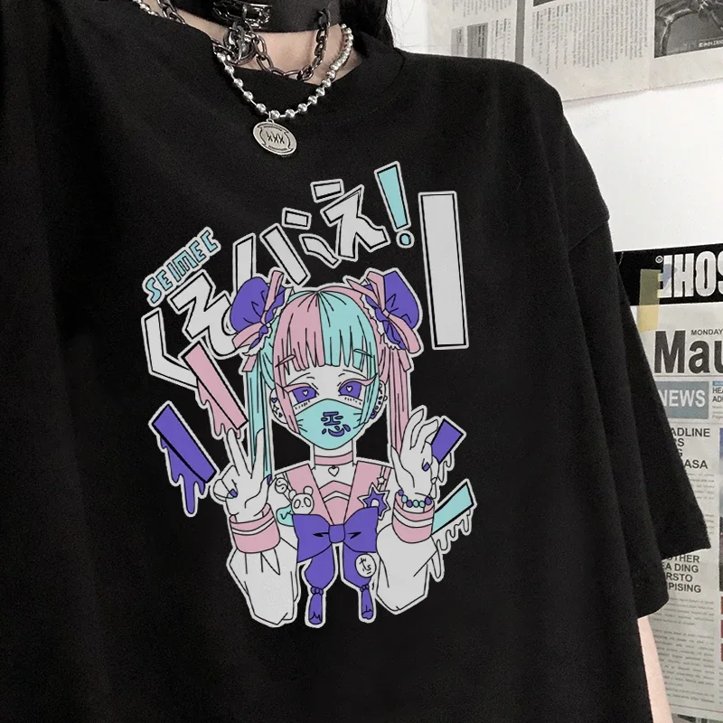 

Fashion Women's T-shirt Harajuku Gothic Japan Anime Girls Print Oversized T Shirt Casual Streetwear Tops Female Clothing
