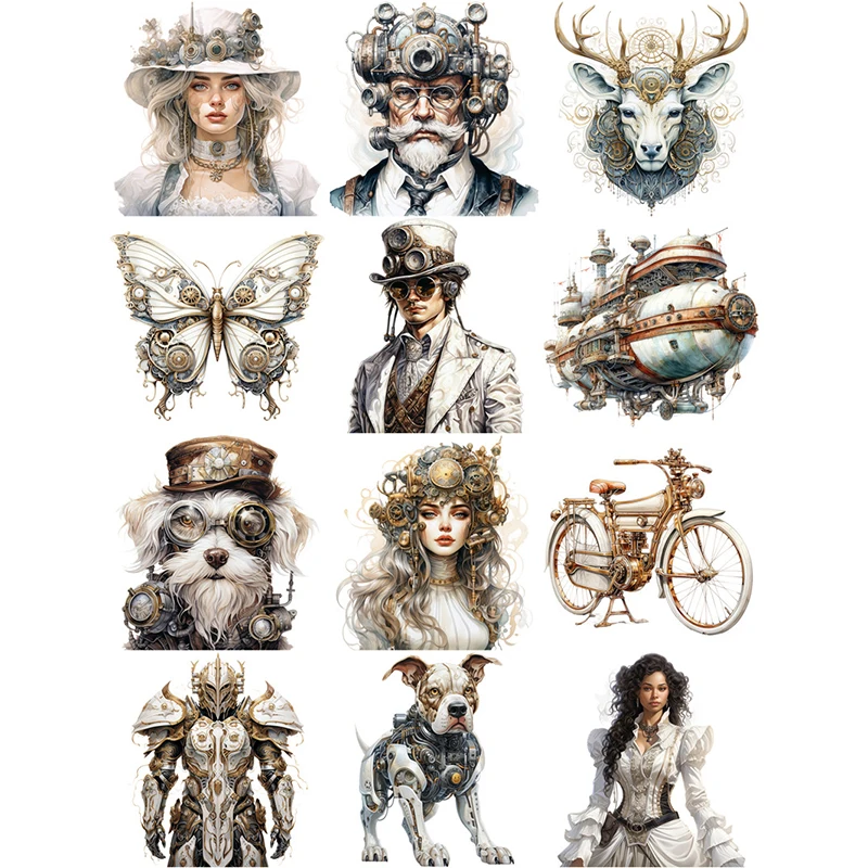 12Pcs/Pack White Steampunk Sticker DIY Craft Scrapbooking Album Junk Journal Decorative Stickers