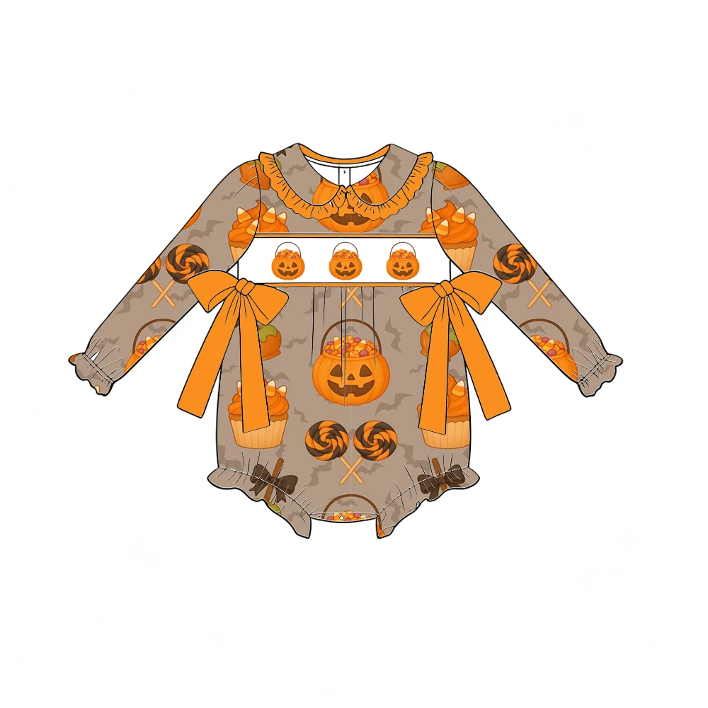 Boutique Girls' Romper Collared Ruffles Bow Decoration Long Sleeves Halloween Pumpkin Candy Print Wholesale