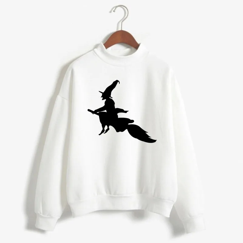 WITCH ON THE BROOM Print Woman Sweatshirt Sweet Korean O-neck Knitted Pullover Thick Autumn Winter Candy Color Girl Clothes