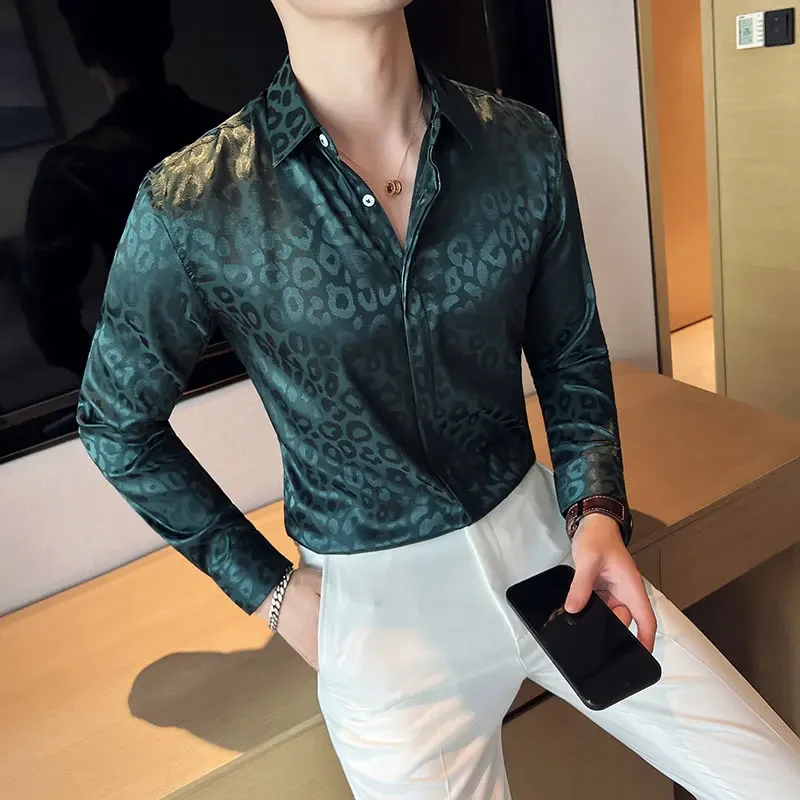

Senior Sense of Men 2023 Air Conditioning Shirt Zebra Print Fashion Handsome Long-sleeved Shirt Nightclub Party Dress Dark Green