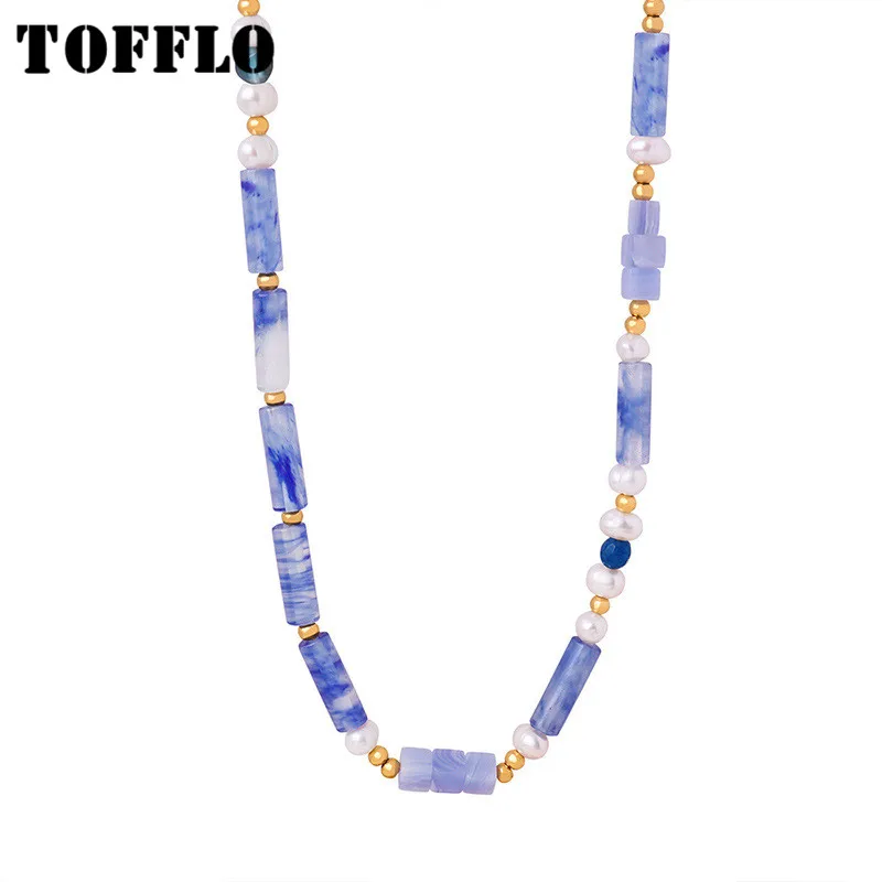 

TOFFLO Stainless Steel Jewelry Blue Ocean Freshwater Pearl Patchwork Handmade Beaded Pendant Necklace BSP1730