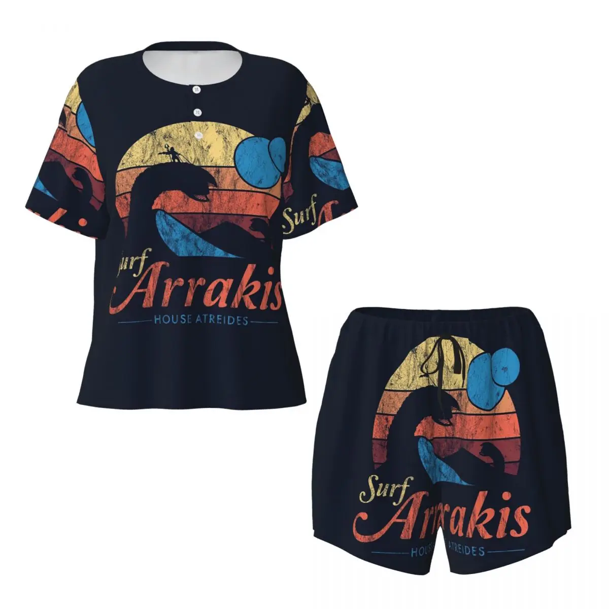 

Ночная рубашка Visit Arrakis Distressed Surf Dune Sci Fi с круглым вырезом и короткими рукавами для сна, женский мягкий пижамный комплект с короткими штанами
